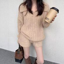 慵懒风百搭时尚套装女秋冬季新款宽松显瘦长袖毛衣显瘦短裤两件套