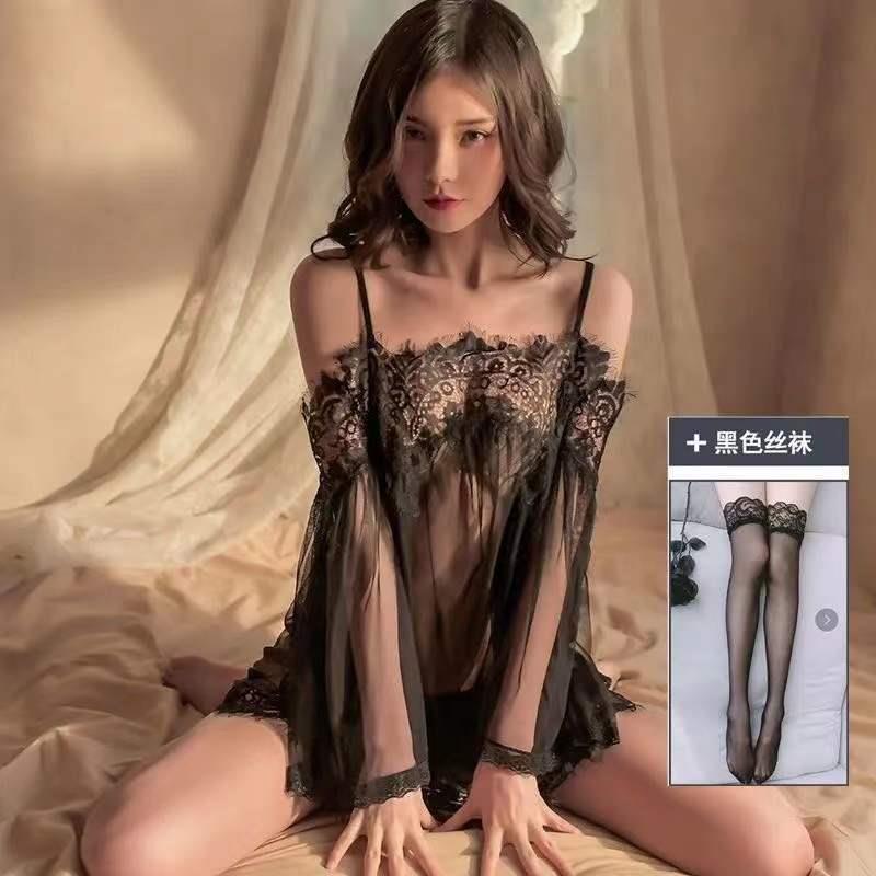 블랙 (잠옷 + T 팬츠 + 블랙 스타킹)