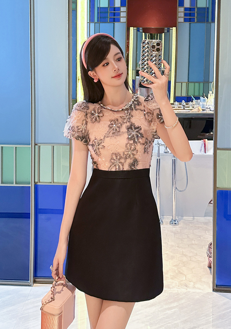 Đầm sequin thiết kế eo giả hai mảnh kiểu Pháp — Màu hồng đen chi tiết 6