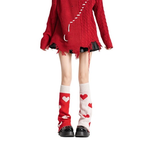 Red love wide-leg socks winter warm knitted wide-leg calf covers JK girls trend matching foot warmers