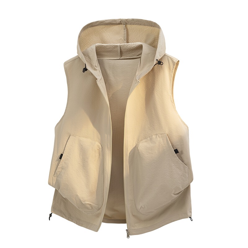 Cross-Border Summer New Style Outdoor Thin Hooded Solid Color Casual Men's Vest Workwear Vest with Pockets Mountain Style Gilet Cross-Border Summer New Style Outdoor Thin Hooded Solid Color Casual Men's Vest Workwear Vest with Pockets Mountain Style Gilet