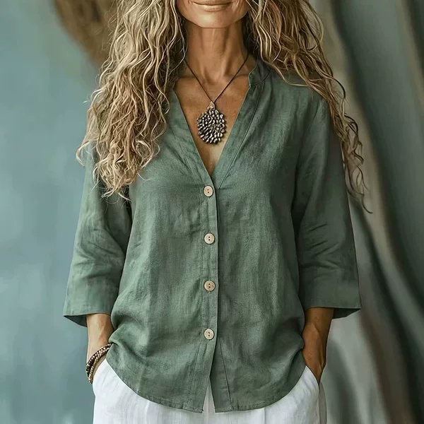 2026 Cross-Border European and American New Autumn Casual Loose V-Neck Buttoned Women's Linen Shirt