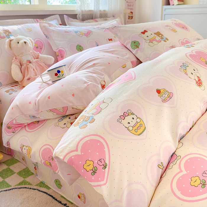Class a Pure Cotton Four-Piece Set 100% Cotton Duvet Cover Bed Sheet Fitted Sheet Single/Double Student Dormitory Cartoon Three-Piece Set