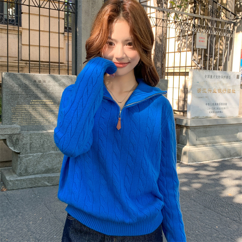 Cross-Border Half-Zip Cable Knit Sweater, Autumn and Winter Stand Collar Long-Sleeve Lazy Style Inner Wear, Soft and Skin-Friendly Thickened Knitwear