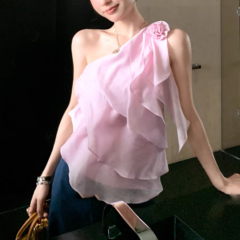 Soft Light Tencel Acetate Linen Multi-Layered Ruffled One-Shoulder Floral Top, Stylish and Mature Fashion Style