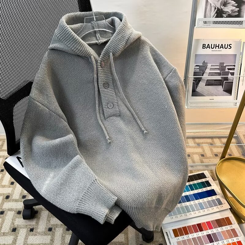 Pure Black Heavy Knitted Sweater Men's Autumn and Winter Lazy Couple Sweater Atmosphere Wear Hoodie Jacket