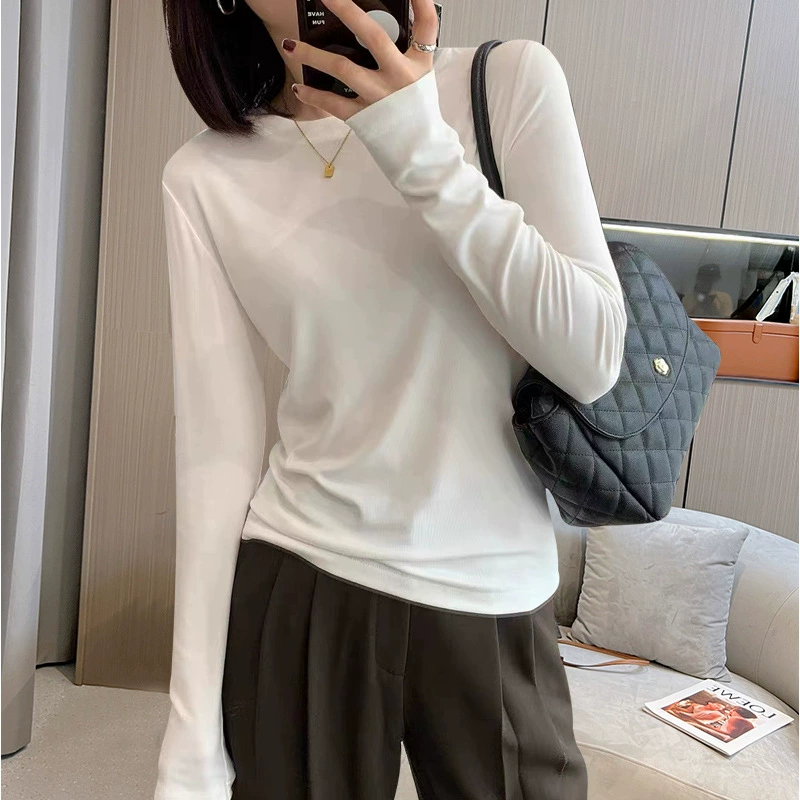 2025 весна новая мягкая клейкая рубашка с круглым вырезом сплошной цвет футболка с длинными рукавами белая нижняя рубашка с тонким верхом