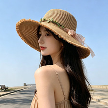 新款花环装饰帽子女夏毛边草帽沙滩遮阳防晒帽户外防紫外线太阳帽