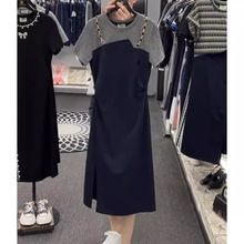 2025夏爆款大码显瘦不规则剪裁假两件T恤裙女立体拼接轻奢连衣裙