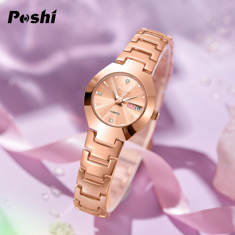POSHI nuevo reloj de mujer correa de acero casual reloj de cuarzo simple moda doble calendario reloj de mujer