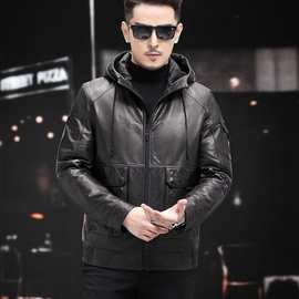 海宁头层小牛皮男士真皮皮衣连帽鹅绒皮夹克时尚休闲青年保暖外套