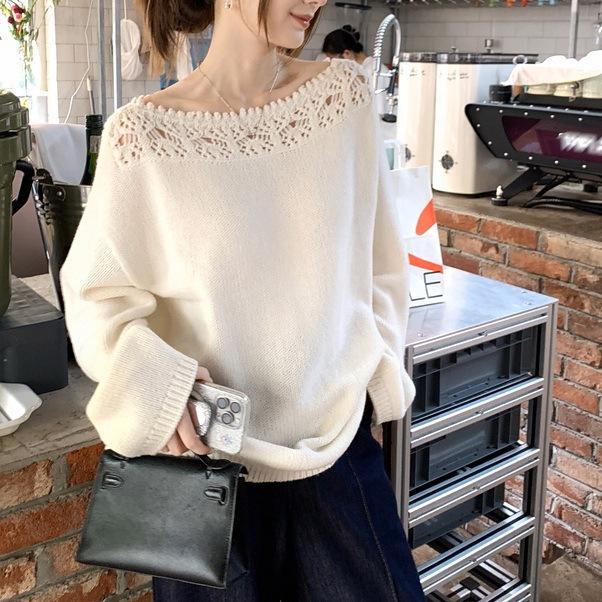 Merino Wool Cut Out Lace One-Line Collar Knitwear Women's Autumn Long-Sleeved Loose Lazy Top