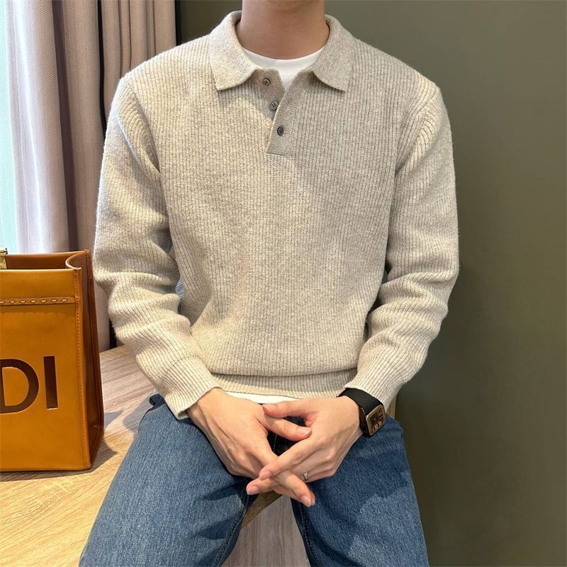 复古秋冬季韩版休闲针织衫慵懒风纯色套头长袖简约毛衣polo衫男|undefined