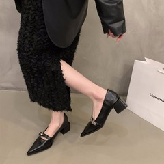 法式氣質瑪麗珍小皮鞋女鞋子2024新款春秋冬季黑色尖頭高跟鞋單鞋