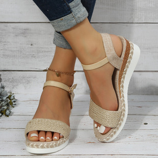 Foreign trade sandals 2023 new foreign trade plus size 42 platform hemp rope bow buckle sandals wedge sandals