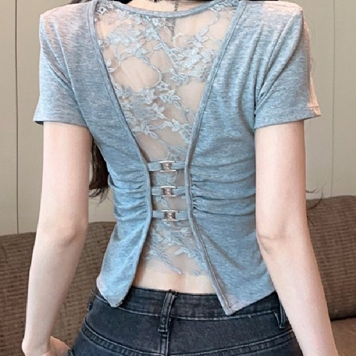 短款设计上衣女小众露脐短袖镂空蕾丝露辣妹拼接修身显瘦后背T恤|undefined