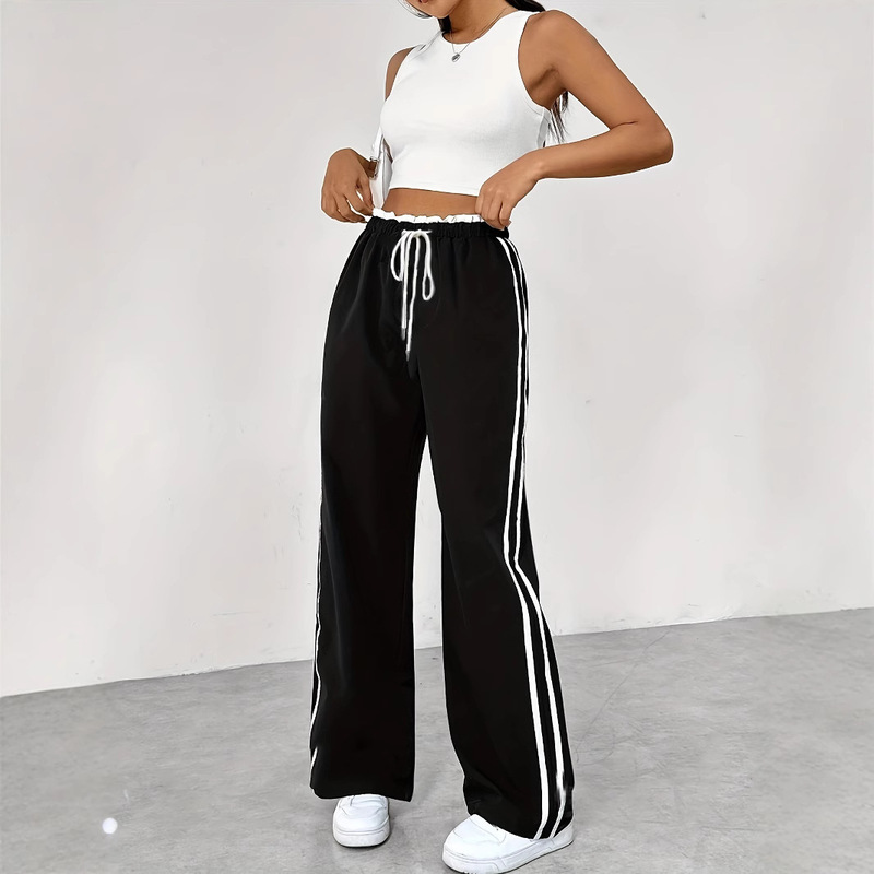 European and American Style Cross-Border New Black Straight-Leg Pants, Sports Pants, Casual Pants, Long Pants, Women's Summer Thin Wide-Leg Pants