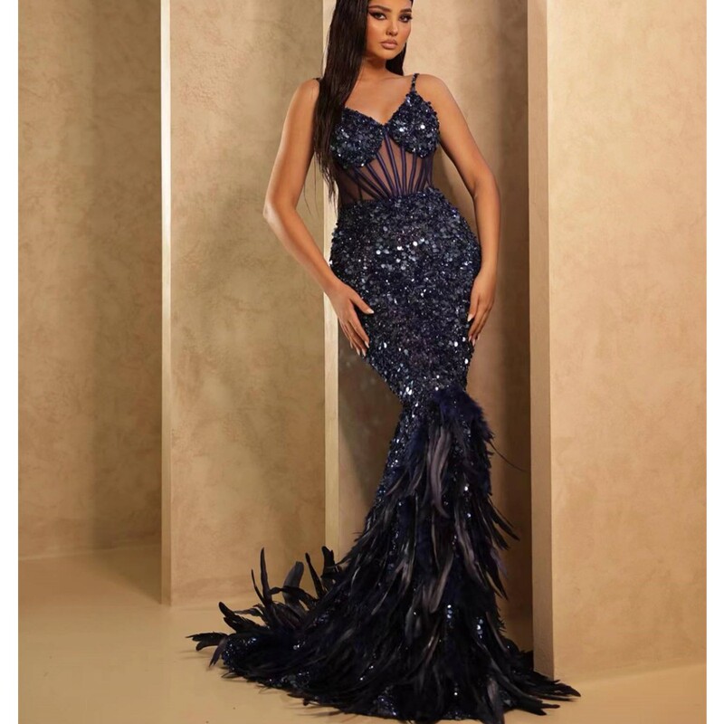Spring and Autumn European and American fashion sleeveless slimming tight strap sequins tight and floor long feather dress niche gift