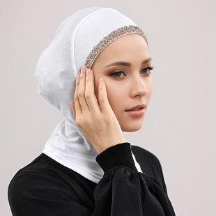 2025 new modal mercerized cotton solid color rhinestone neck long cap pullover base cap white hair rhinestone women's cap
