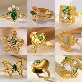 复古欧美桃心几何形祖母绿锆石彩色天然石不锈钢戒指18k镀金戒指