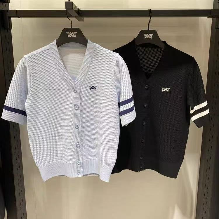 26 Summer V-Neck Lettered Logo Golf Shirt Korean Style New Golf Women's Knitted Cardigan Elegant Age-Reducing Short-Sleeved Top