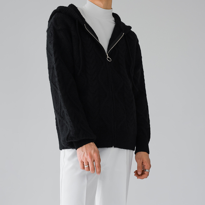 Suéter con cremallera estilo coreano INS para hombre, cárdigan de punto con capucha, diseño de rombos, color sólido, suelto y elegante
