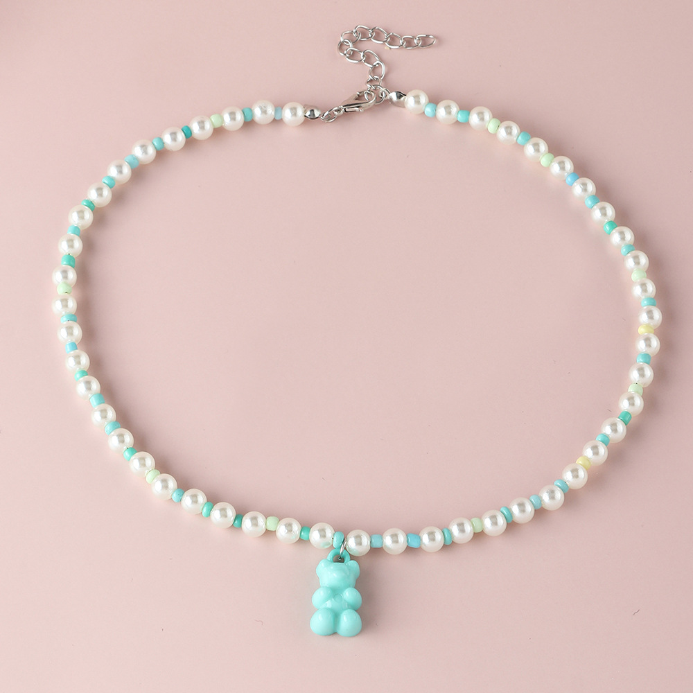 new macaron color jelly bear necklace personality trendy color rice bead pearl stitching clavicle ch