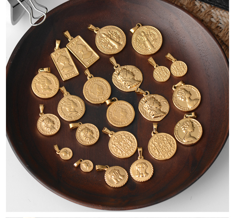 304 Stainless Steel Material 1 Piece 304 Stainless Steel PVD Coated Real Gold Plated Human Coin Polished Pendant DIY Jewelry Accessories