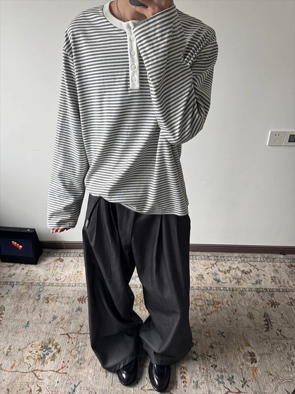 条纹亨利领长袖T恤 2025秋季正肩通勤白色男款休闲基础复古打底衫|undefined