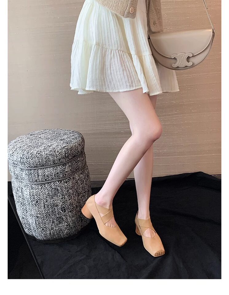 Giày búp bê nữ mũi vuông da cừu phối quai chéo, đế bệt gót thô 5 cm — Da đen (gót dày), Da đen (đáy phẳng), Màu trà sữa (gót dày), Màu trà sữa (đáy phẳng) chi tiết 84