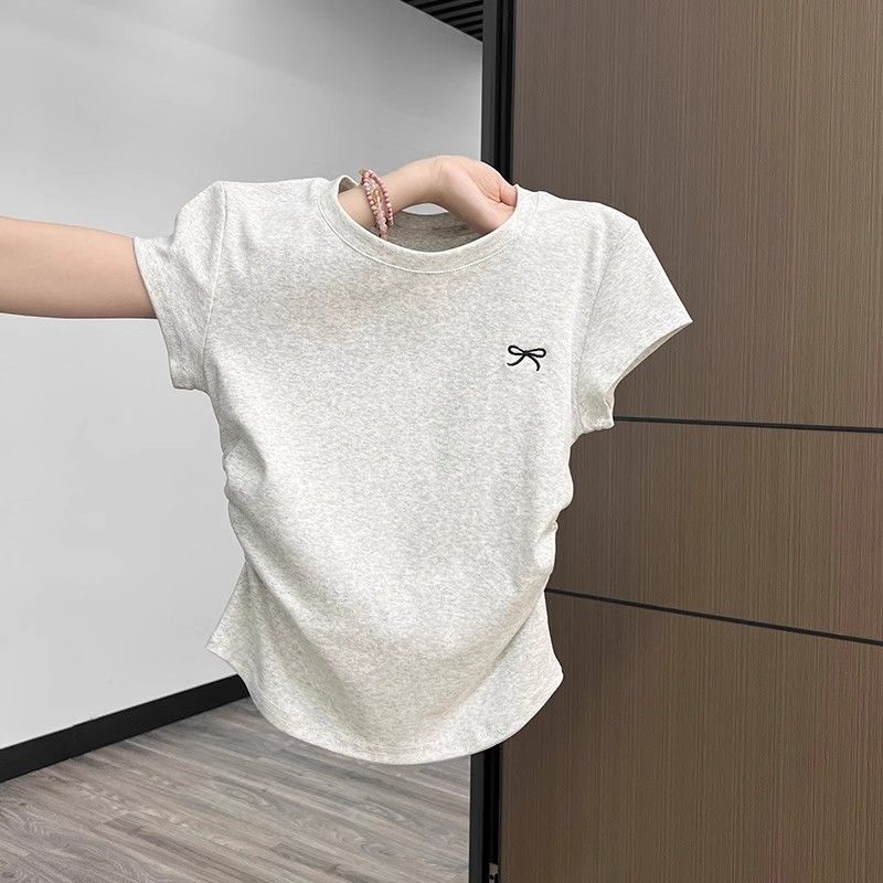 KR105、白いしわが腰のプリントtシャツの女性の純粋な欲望の丸首の正肩の半袖の夏の小さい飛袖の短いタイプは修理します。|undefined