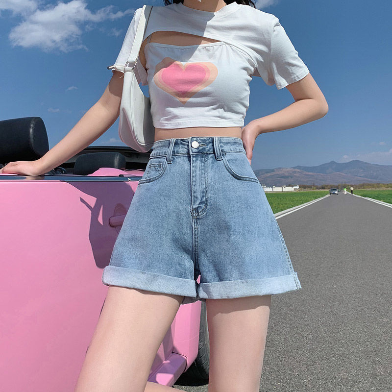 Small Summer Curled Denim Shorts Women's Loose Slimming Wide Leg 2024 New High Waist A- Shed Hot Pants Ins