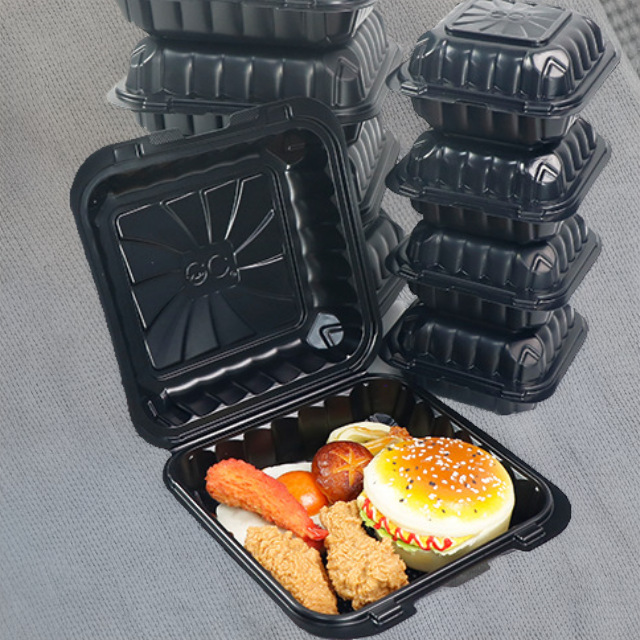 8*8英寸塑料黑色 一次性PP汉堡餐盒耐高温连体快餐盒外卖打包盒子
