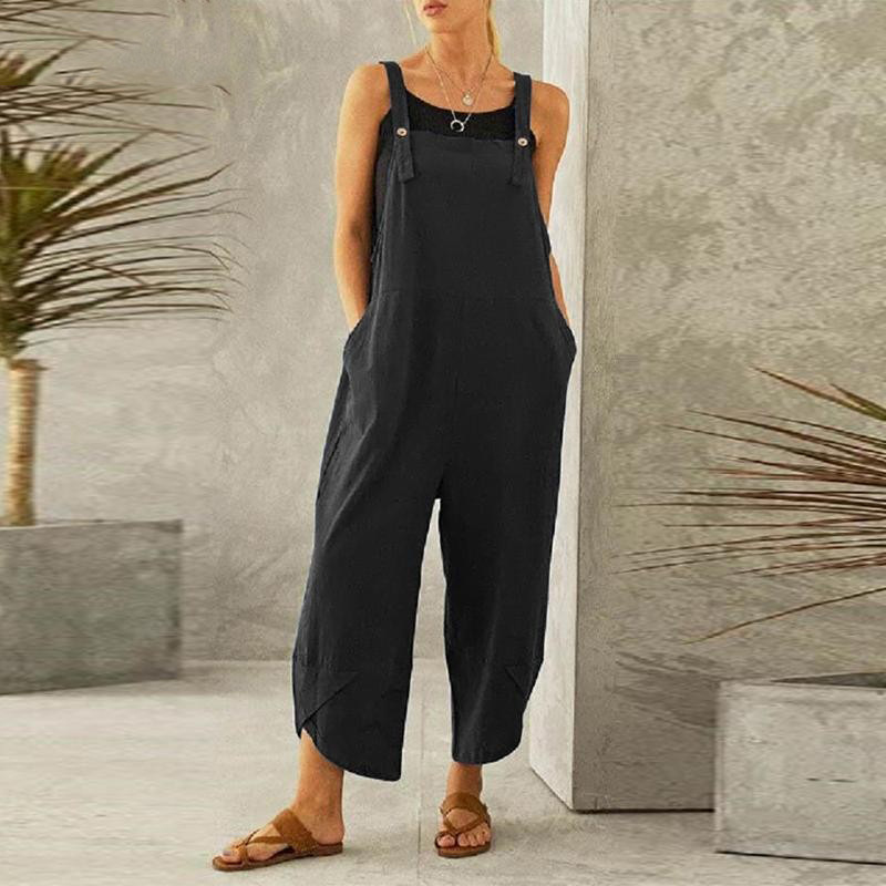 Tuta da donna ampia e larga, estiva, regolabile, in cotone e lino, tinta unita, pantaloni larghi, tute da donna oversize_voghion.com