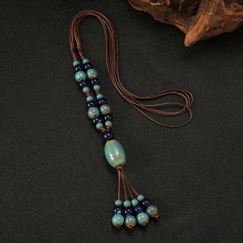 民族风陶瓷长款项链女复古百搭陶瓷吊坠毛衣链手工编制可调节配饰