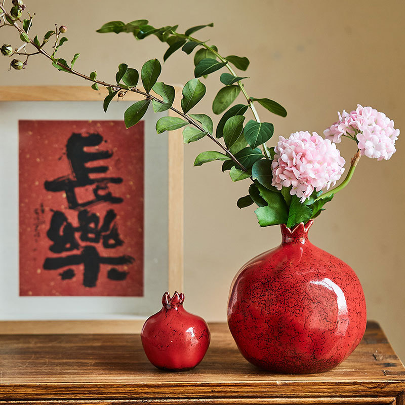 陶美集红色仿真石榴花瓶摆件客厅插花中式家居茶室饰品干插花花器|undefined