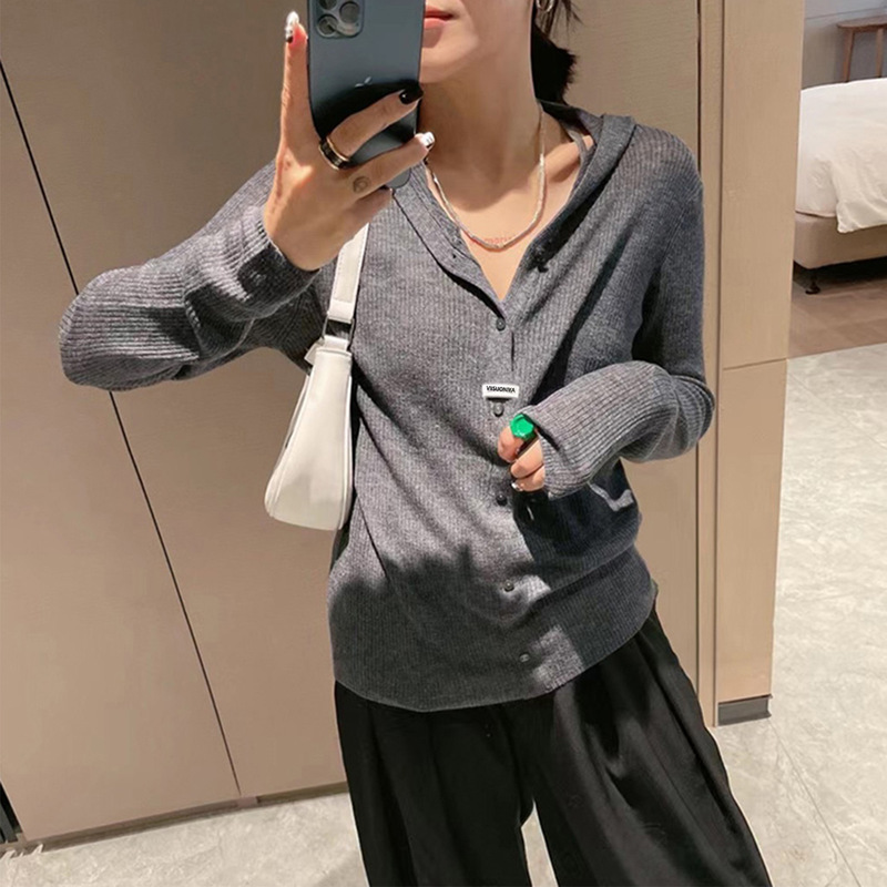 European Gray Hooded Knitwear Hooded Knitwear Women's Fine Wool Knitwear Women's 2025 Autumn Hoodie Loose