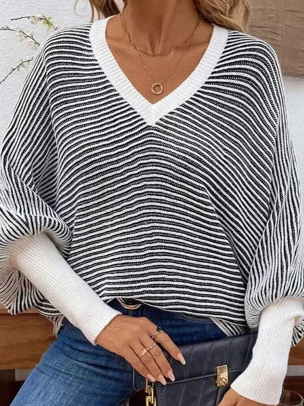 欧美秋冬新款 跨境亚马逊宽松针织条纹v领蝙蝠袖拼接套头毛衣女装|undefined