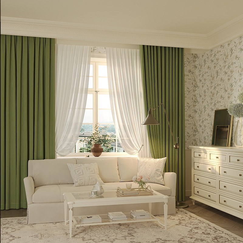 Cortinas de espiga de chenilla, sala de estar, ventana salediza, dormitorio, patrón de espina de pescado, matcha verde, cortina americana Shaoxing Keqiao