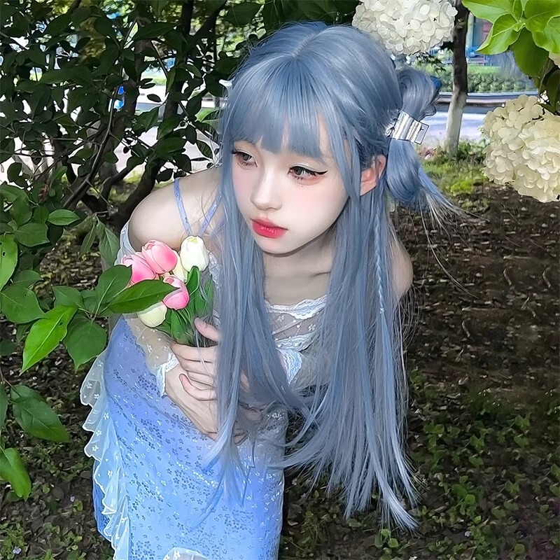 Mermaid Blue Wig Female Long Hair Cute Age-Reducing Short Hair Long Straight Hair Popular Lolita Full Headgear Long Curly Hair