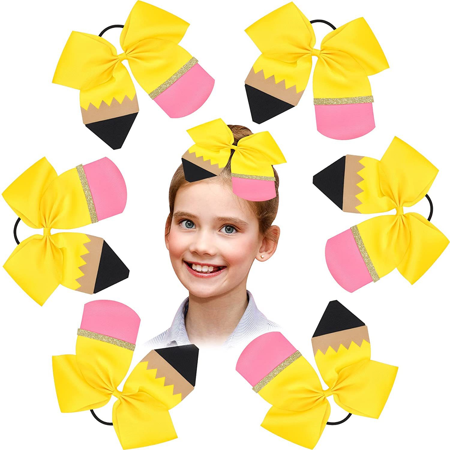 유럽과 미국의 뜨거운 판매 솔리드 컬러 리브 5inch 연필 꽃 학생 Bowknot Hair Ring Back To School Baby Headwear Hair Accessories