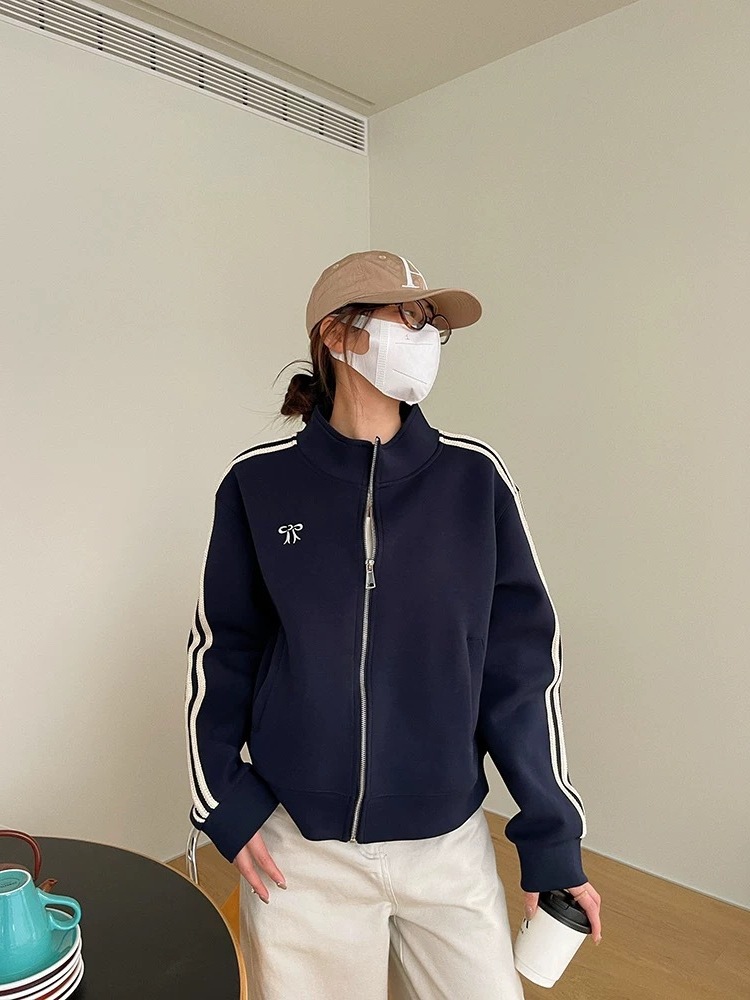蝴蝶结棒球服立领外套女 2025秋季新款藏青拉链开衫运动风卫衣