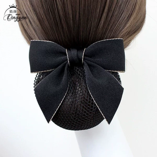 Simple Hair Accessory for Women: Professional Hair Net, Silver-Gray Pearl Bow, Hotel Front Desk Work Hair Clip