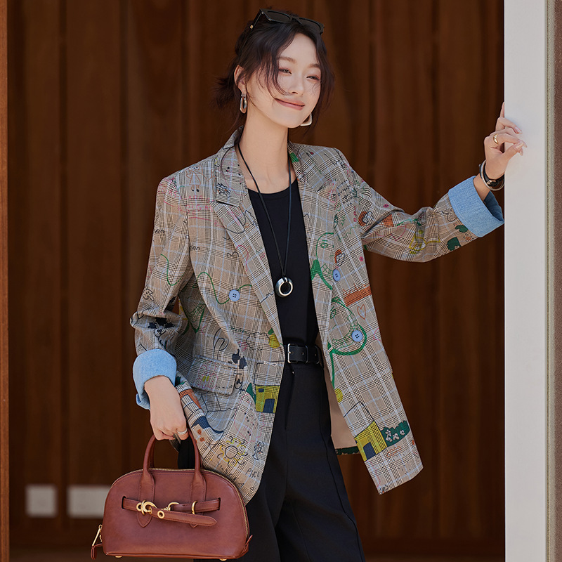 Gray Plaid Blazer for Women 2025 New Autumn Design Elegant Petite Casual Versatile Suit Top