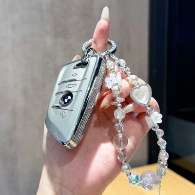 key cases, new 3 Series 330li, Car key bag - bmw-a-series-silver-side-studded-silver-beaded-heart-chain