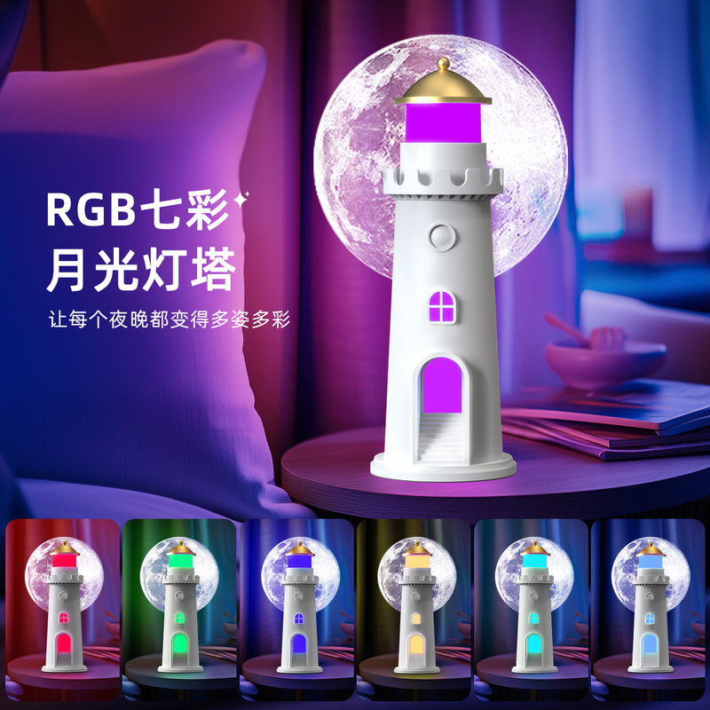 Original Moonlight Lighthouse Projection Lamp Human Body Sensor Rgb Colorful Gradient Atmosphere Creative Table Lamp Ornaments Night Light
