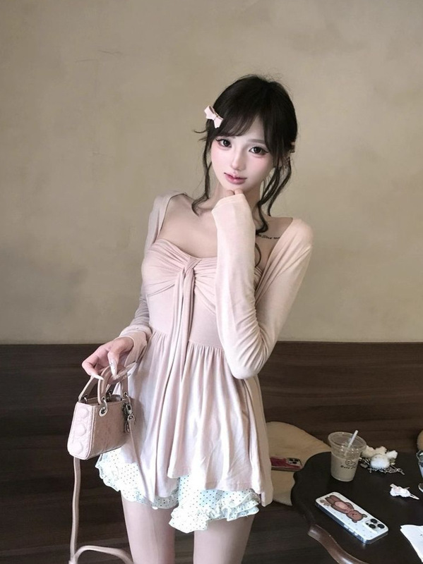 慵懒宽松粉色长袖防晒开衫女夏季套装纯欲飘带抹胸背心上衣两件套|undefined