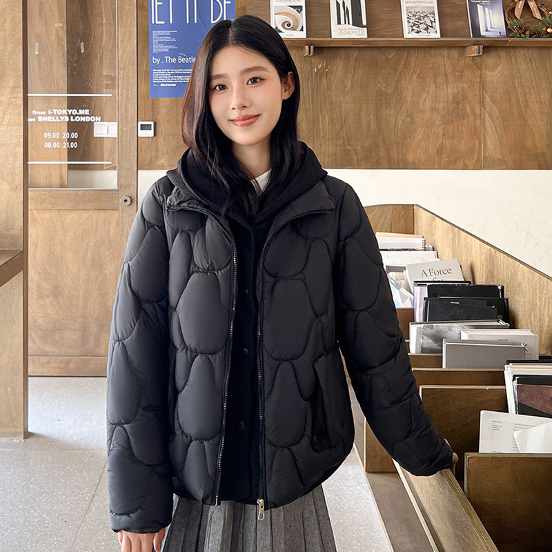 偽ツーピースニットフード付きダウンコットン服女性の冬服新しいショートファッション韓国風パンジャケット厚いジャケットトレンディ|undefined