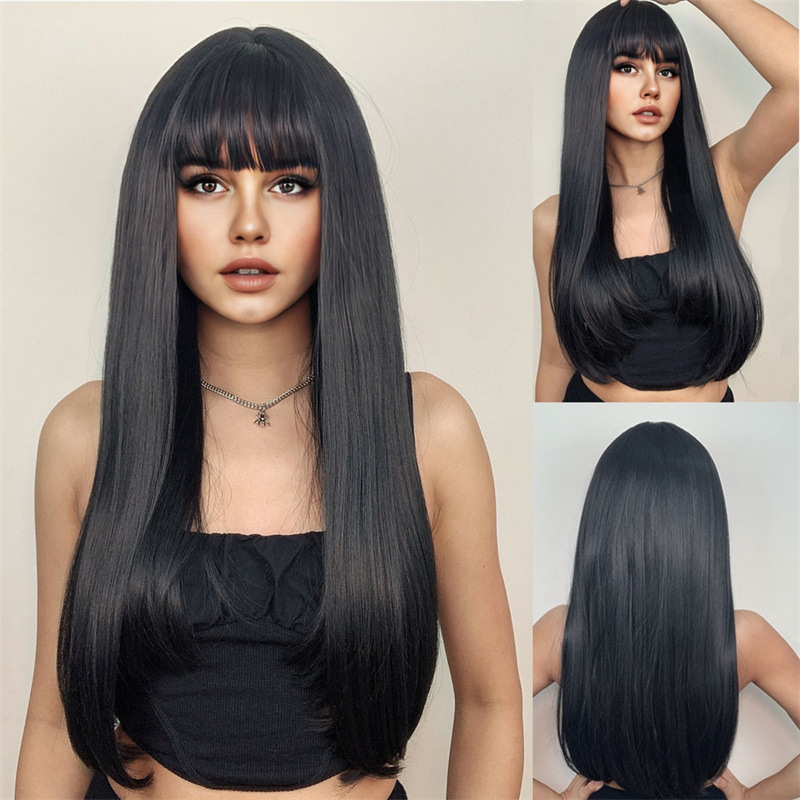 Femmes Style Simple Fête Étape Rue Fil Haute Température Bangs Cheveux Longs Et Droits Filet À Perruque display picture 1