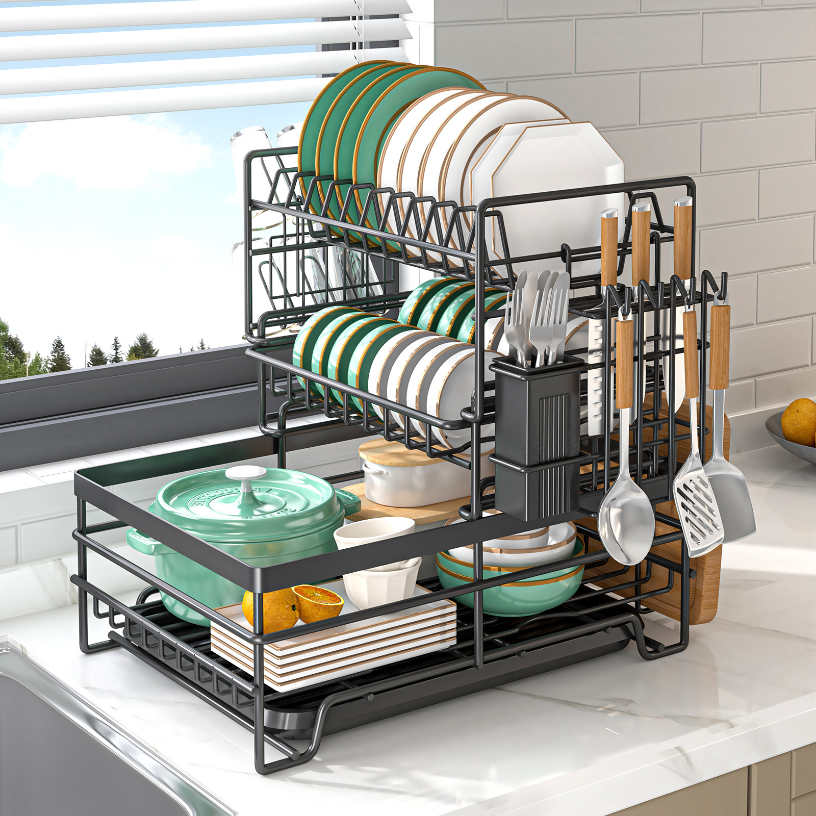Transfronterizo Amazon cocina estante de platos a prueba de óxido casera doble capa de drenaje estante de platos multifuncional estante de almacenamiento de platos